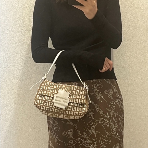 Auth RARE FENDI Tan khaki canvas White rubber zucchino mini mama Baguette Bag - Picture 9 of 15